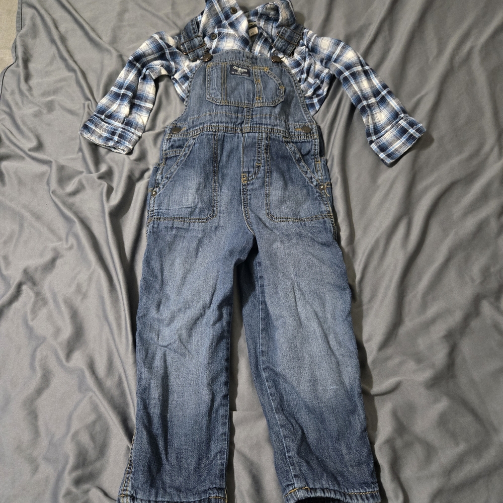 Oshkosh B’gosh Blue Plaid 2piece Lining Bib Overalls Longsleeve Size 4T Vestbak